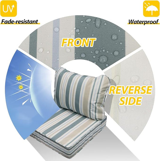 AAAAAcessories Outdoor Seat Cushions for Chairs, Fade-Resistant, Waterproof Patio Furniture Replacement Cushions, 22" x 24" x 5" + 22" x 19", Slate Gray Blue Coastal Stripe