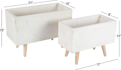 Deco 79 Fiberclay Ceramic Indoor Outdoor Planter Rectangular Large Planter Pot with Brown Wooden Legs, Set of 2 Planters 21", 17"W, White