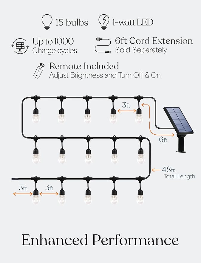 Brightech Ambience Pro – Solar Power Remote Control Outdoor String Lights with Edison Bulbs – Shatterproof, Commercial Grade LED Waterproof Patio Lights – 1W, 3,000K, Hanging, 48 ft