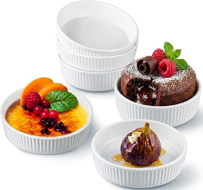 Ramekins 8 oz Oven Safe Set of 6 - Ceramic Creme Brulee Dishes, Souffle Cups, Individual Quiche Baking Dish, Food-Safe White Pudding Bowls for Kitchen, Stackable and Dishwasher Safe