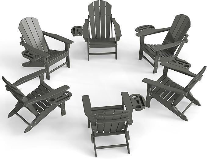 Adirondack Chair Set of 6, HDPE Folding Adirondack Chair with Multifunctional Cup Holder, Weather Resistant Fire Pit Chair for porches, patios, poolsides, Decks.