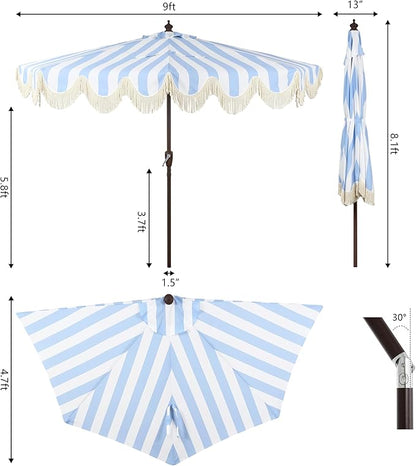 JONATHAN Y Half Umbrella UMB1201C Beverly 9 ft. Designer Classic Scalloped Fringe Market Patio with Crank, Push Button Tilt and UV Protection in Light Blue/White