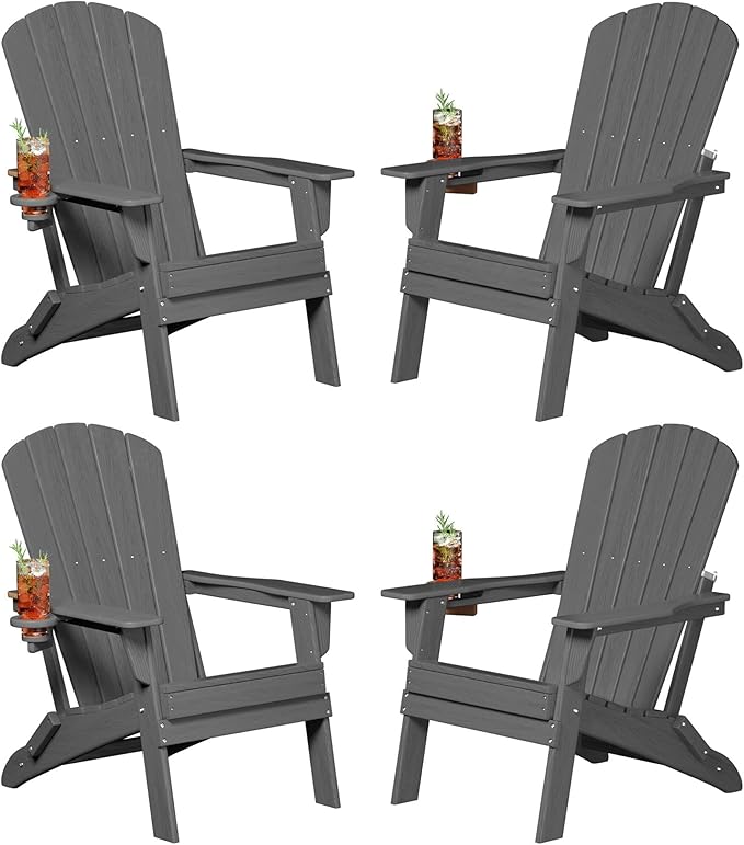 Plawdlik Folding Adirondack Chair, SGS Tested, Wooden Textured with Cup Holder, Heavy All-Weather HDPE Comfortable Set Poolside Backyard Lawn Grey Set 4