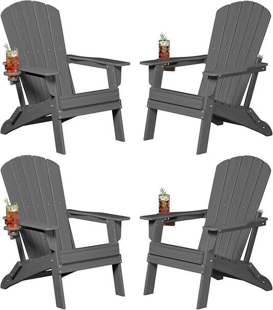 Plawdlik Folding Adirondack Chair, SGS Tested, Wooden Textured with Cup Holder, Heavy All-Weather HDPE Comfortable Set Poolside Backyard Lawn Grey Set 4