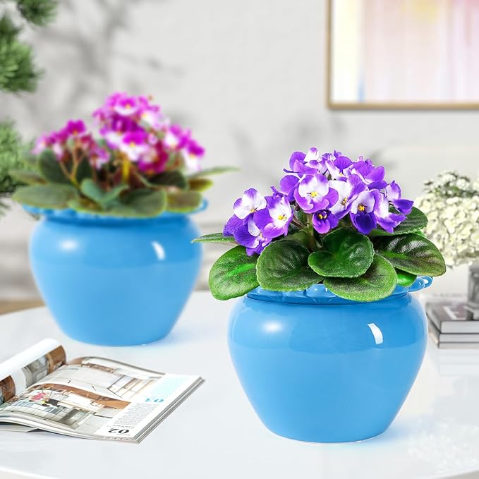 Large African Violet Pots 8 Inch Blue Ceramic Easy Plant Self Watering Pot Ceramic Flowerpot with Water Absorbing Inner Pot Orchid Planter Lawn Yard Outside Decor