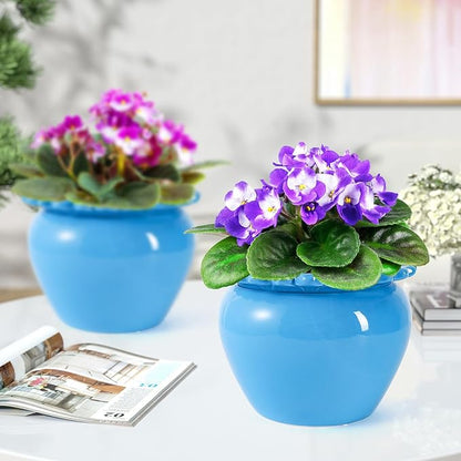 Large African Violet Pots 8 Inch Blue Ceramic Easy Plant Self Watering Pot Ceramic Flowerpot with Water Absorbing Inner Pot Orchid Planter Lawn Yard Outside Decor