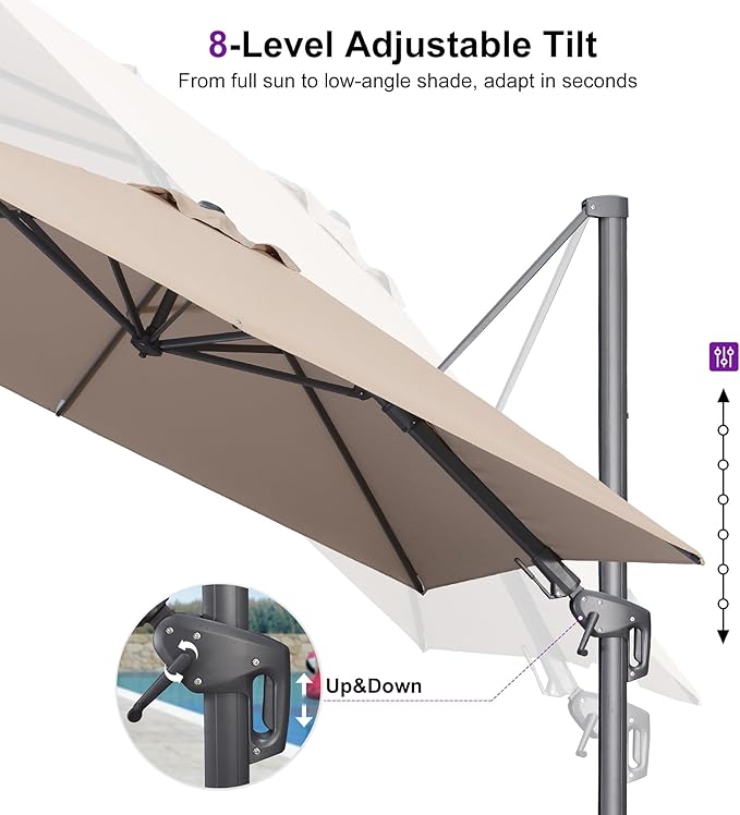 PURPLE LEAF 10' X 6.5' Swivel Outdoor Patio Aluminum Umbrella with Base Left-right Tilting Cantilever Offset Umbrella with UV Resistant Heavy Duty Fabric for Deck Pool Patio Backyard, Sand Dune