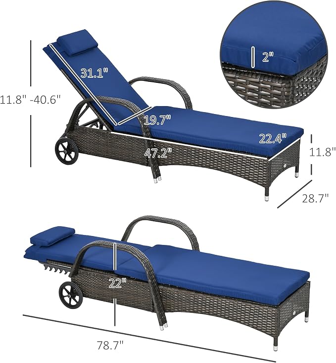 Outsunny Wicker Outdoor Chaise Lounge, 5-Level Adjustable Backrest PE Rattan Pool Lounge Chair with Wheels, Cushion & Headrest, Brown and Dark Blue