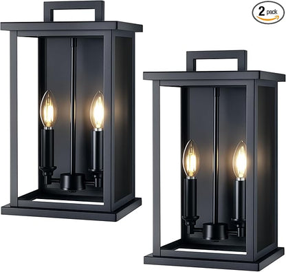 Large Outdoor Lights For House,Modern Exterior Lighting Fixtures,Black Outdoor Wall Lantern Sconce,2-Light Front Porch Garage Hallway Wall Mount Light With Thick Glass Shades Waterproof 2 Pack