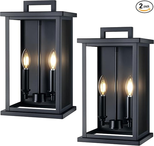 Large Outdoor Lights For House,Modern Exterior Lighting Fixtures,Black Outdoor Wall Lantern Sconce,2-Light Front Porch Garage Hallway Wall Mount Light With Thick Glass Shades Waterproof 2 Pack