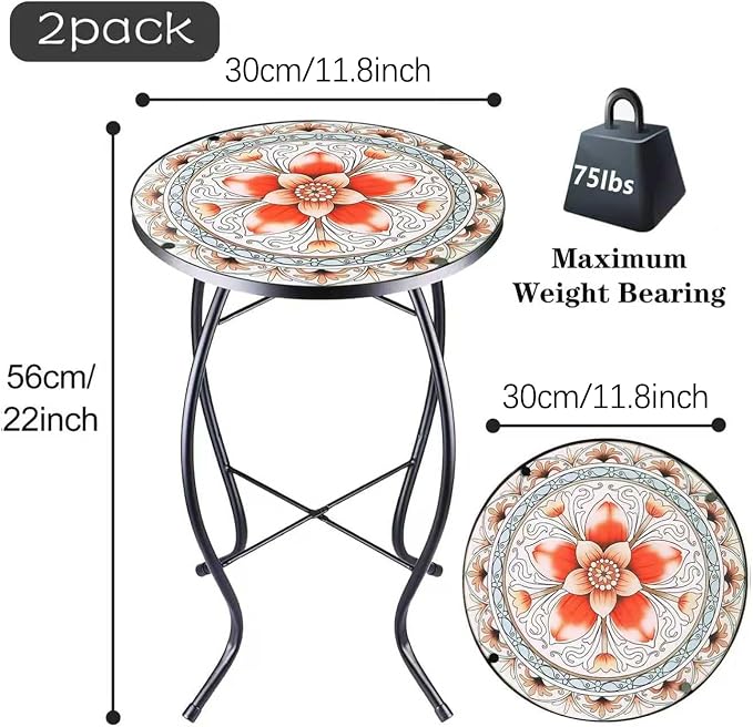 Arbuxzuy 2PCS 12 Inch Small Outdoor Side Table with Pink Flower, Glass Mosaic Patio Table Indoor, Round Plant Coffee Table for Living Room, Balcony, Garden