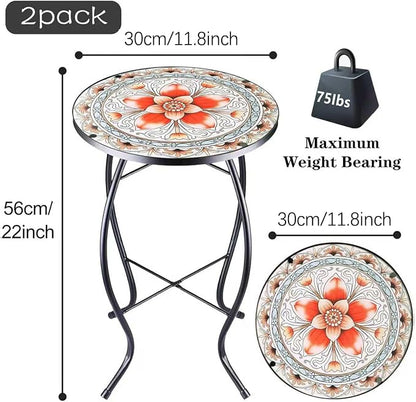 Arbuxzuy 2PCS 12 Inch Small Outdoor Side Table with Pink Flower, Glass Mosaic Patio Table Indoor, Round Plant Coffee Table for Living Room, Balcony, Garden