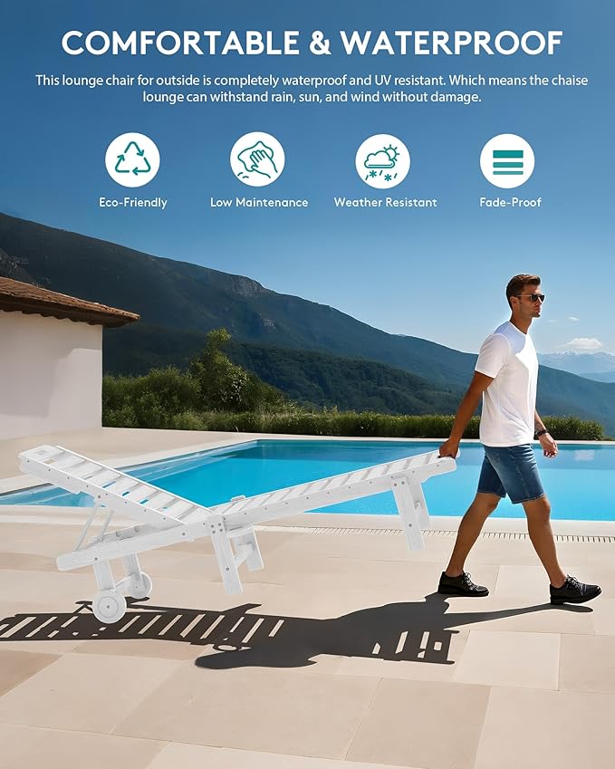 SERWALL Patio Chaise Lounge Set of 2, HDPE Outdoor Lounge Chair with Cup Holder, 5 Positions Adjustable Pool Lounge Chair with Rolling Wheels for Poolside, Deck, Sunbathing, White