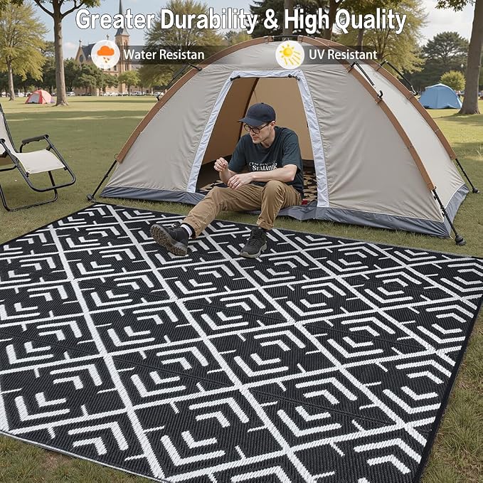 HUGEAR RV Outdoor Rug Waterproof Mat Outdoor Rugs 9'x12' for Patios Clearance Carpet Outdoor Camping Rugs Large Plastic Straw Rug(8x10ft Geometric Black&White)