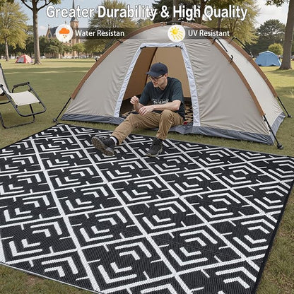 HUGEAR RV Outdoor Rug Waterproof Mat Outdoor Rugs 9'x12' for Patios Clearance Carpet Outdoor Camping Rugs Large Plastic Straw Rug(8x10ft Geometric Black&White)