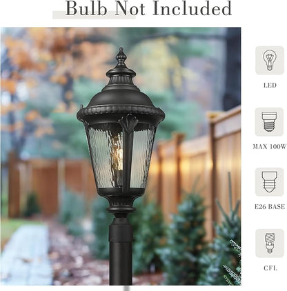Emliviar 25" Lamp Post Light Fixture with Water Ripple Glass, Waterproof Outdoor Pole Light in Black Finish for Yard and Garden, XE265P-SW BK