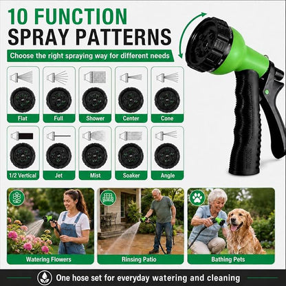 100FT Lightweight Flat Garden Hose for Women & Seniors, Non-Expandable Water Hose with 10-Pattern Spray Nozzle, Easy Storage No-Kink Hose for RV, Patio, Small Backyard, Car Wash & Everyday Watering