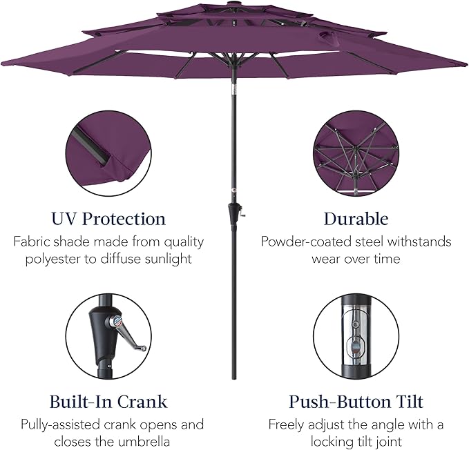 Best Choice Products 10ft 3-Tier Market Patio Umbrella, Outdoor Sun Shade with Tilt, Crank Lift, 8 Ribs for Backyard, Deck, Poolside – Amethyst Purple