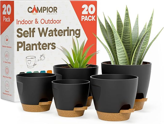Black Self Watering Pots 20 Pack, Indoor and Outdoor Plant Pots with Wick Rope & Drainage Holes, Easy Watering Lip, Lightweight Plastic Self Watering Planter for Succulents, Houseplants, and Herbs