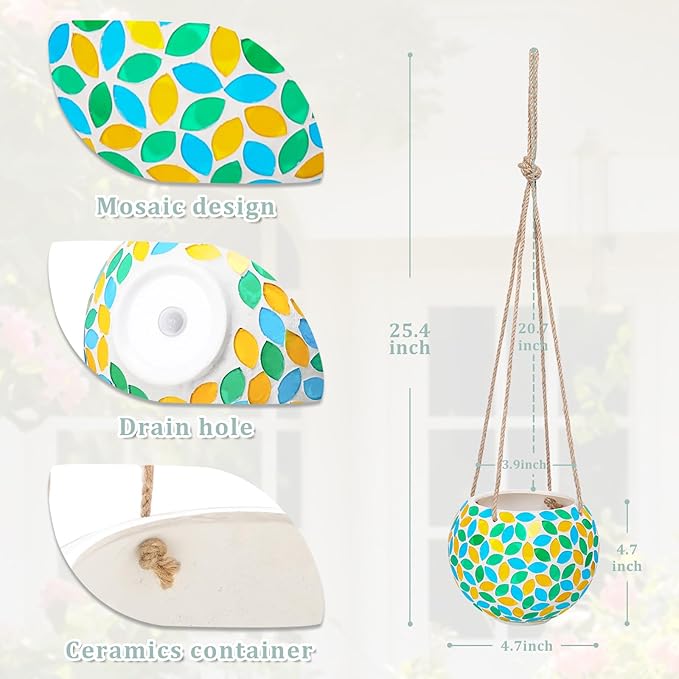 Hanging Planter Mosaic Garden Pot Small Flower Pot for Indoor Plant Disco Ball Hanging Planter with Drainage Green Yellow