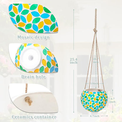 Hanging Planter Mosaic Garden Pot Small Flower Pot for Indoor Plant Disco Ball Hanging Planter with Drainage Green Yellow