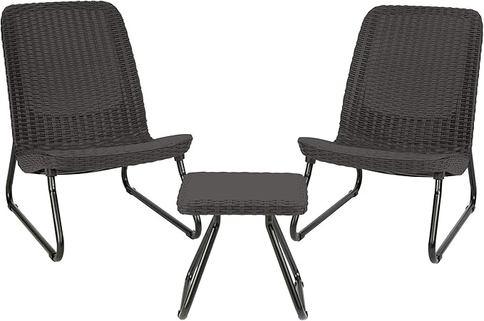 Keter Rio 3 Piece Resin Wicker Patio Furniture Set with Side Table and Outdoor Chairs for Front Porch and Backyard Decor, Dark Grey