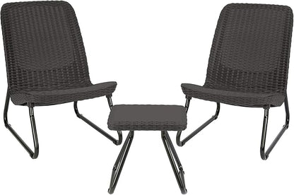 Keter Rio 3 Piece Resin Wicker Patio Furniture Set with Side Table and Outdoor Chairs for Front Porch and Backyard Decor, Dark Grey