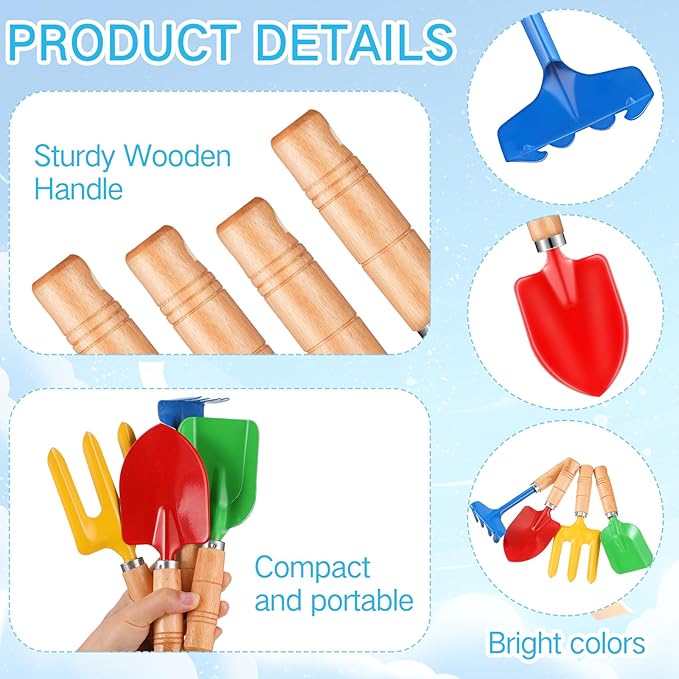 8" Kids Gardening Tools, Metal Beach Sandbox Digging Toys with Wooden Handle, Including Shovel, Rake, Fork and Trowel, Garden Sand Snow Tools for Children Gift Outdoor Gardening(100 Pcs)