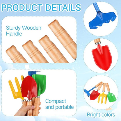 8" Kids Gardening Tools, Metal Beach Sandbox Digging Toys with Wooden Handle, Including Shovel, Rake, Fork and Trowel, Garden Sand Snow Tools for Children Gift Outdoor Gardening(100 Pcs)