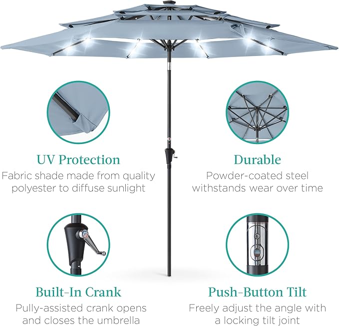 Best Choice Products 10ft 3-Tier Solar Patio Umbrella, Outdoor Market Sun Shade for Backyard, Deck, Poolside w/ 24 LED Lights, Tilt Adjustment, Easy Crank, 8 Ribs - Breeze Blue