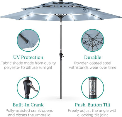 Best Choice Products 10ft 3-Tier Solar Patio Umbrella, Outdoor Market Sun Shade for Backyard, Deck, Poolside w/ 24 LED Lights, Tilt Adjustment, Easy Crank, 8 Ribs - Breeze Blue