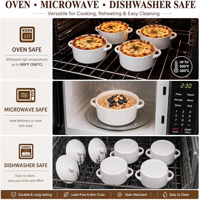 Mini Dutch Oven Set of 4, 14 oz Ceramic Mini Dutch Ovens with Lids and Handles, Ramekins with Lids for French Onion Soup, Pot Pies, Soufflés and Baked Desserts, Oven Safe, Microwave and Dishwasher Safe, Mini Cocotte