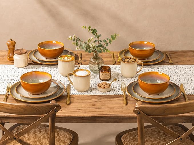 LERATIO Ceramic Dinnerware Sets for 4, Coupe Plates and Bowls Sets,Highly Chip and Crack Resistant | Dishwasher & Microwave & Oven Safe Dishes set,Reactive Glaze Dinnerware- Service for 4（12pcs）
