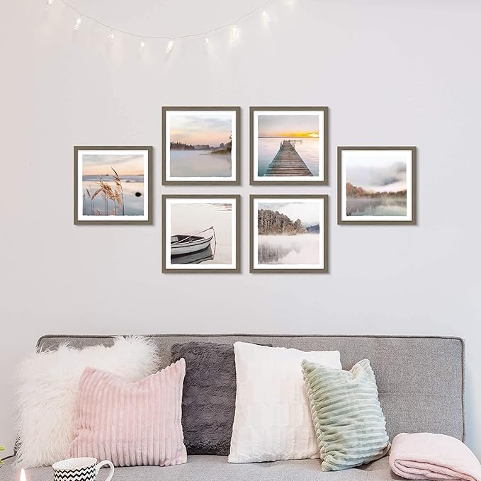 Modern Framed Lake Photo Painting: 6 Pieces Romantic Mountain Fog Prints Soft Colorful Landscape Wall Art Calming Nature Forest Water Painting Horizontal Multi View Scenery Artwork for Living Room