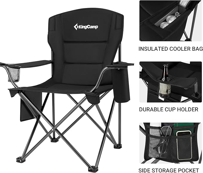 KingCamp Padded Folding Lounge Chairs with Built in Cupholder, Insulated Cooler Sleeve, and Side Storage Pocket for Indoor and Outdoors, 2 Pack, Black