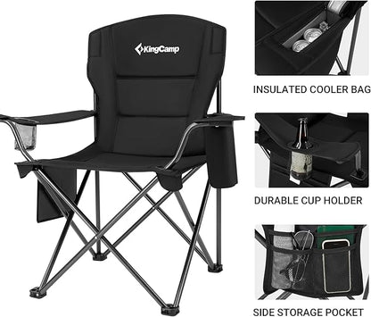 KingCamp Padded Folding Lounge Chairs with Built in Cupholder, Insulated Cooler Sleeve, and Side Storage Pocket for Indoor and Outdoors, 2 Pack, Black