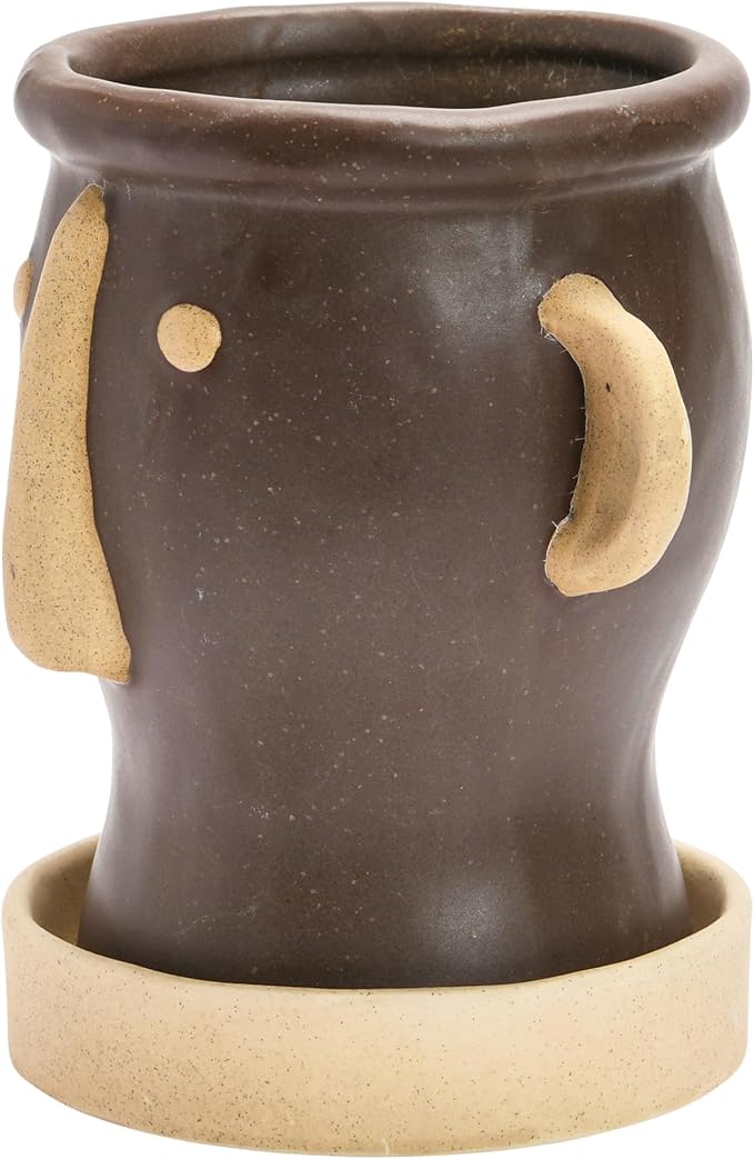 Creative Co-Op Stoneware Face Planter with Saucer, Brown & Cream Color, Holds 4" Pot