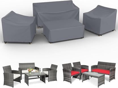 Patio Furniture Covers Set 4 Piece Outdoor Furniture Cover Waterproof, 600D Heavy Duty Lawn Outdoor Patio Furniture Set Covers - Grey Large