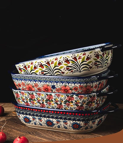 Vintage Style Pottery Bakeware Ceramic Casserole Dish Baking Pan Lasagna Pans Baking Dish with Handles for Oven/Cooking/Kitchen-1 PCS, Large Capacity, 60 OZ