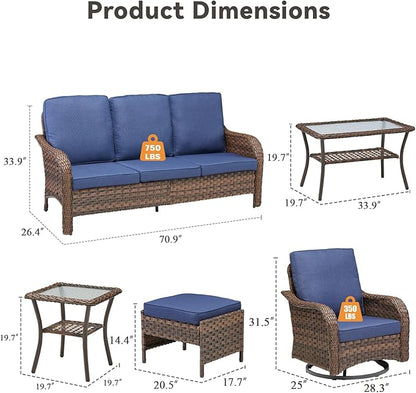 11 Pieces Patio Furniture Set, Outdoor Wicker Sofa with Swivel Patio Chairs, Ottomans, Coffee Table, All Weather High Back Rattan Loveseat Couch with Comfy Cushions, Brown/Blue