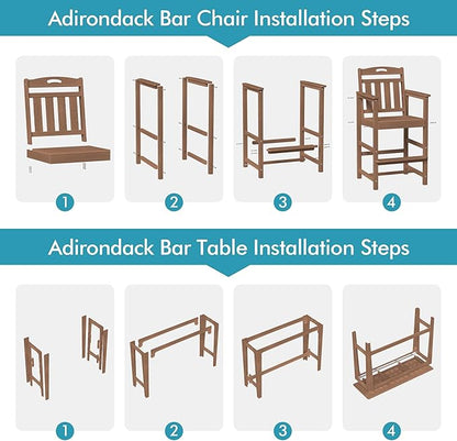 Ciokea Heavy-Duty Outdoor Bar Set, Rectangle High Top Table and 2 Oversized Adirondack Chairs Set, HDPE Modern Patio Bar Set for Outside Bistro Backyard Balcony Deck Outside, Teak