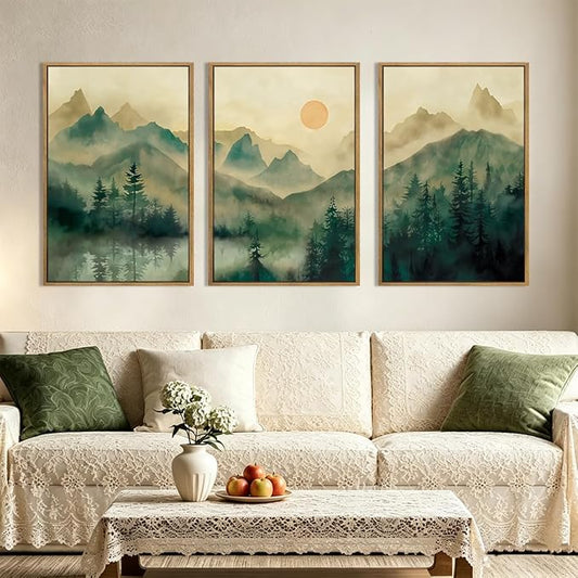 IARTTOP Extra Large Green Forest Wall Art 24x36 Inch Framed Foggy Mountain Canvas Art Prints Nature Landscape Wall Decor for Living Room Bedroom Office Set of 3