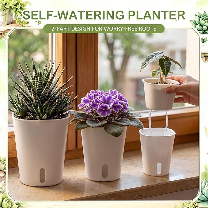 Ziliny 18 Pcs Self Watering Pots Plastic Plant 3 Sizes Flower Plant Pot with Inner White Flower Pots for Indoor House Plants Plastic Self Watering Pot for Herbs Flowers (S,M,L)
