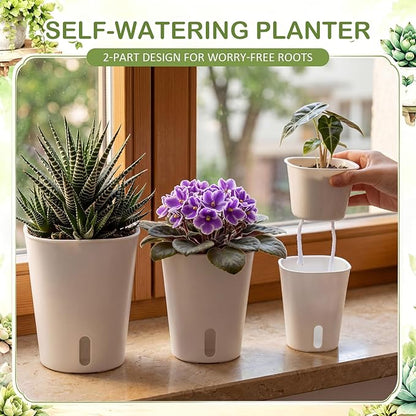 Ziliny 18 Pcs Self Watering Pots Plastic Plant 3 Sizes Flower Plant Pot with Inner White Flower Pots for Indoor House Plants Plastic Self Watering Pot for Herbs Flowers (S,M,L)