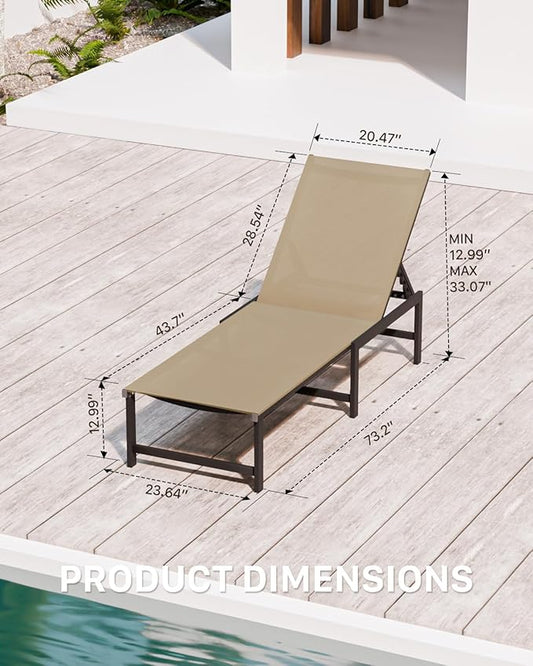 Chaise Lounge Chair Outdoor,Aluminum Patio Lounge Chairs Set of 2, Adjustable 5-Position Recliner and Full Flat Tanning Chair with Pillow for Pool, Outside,Beach,Khaki