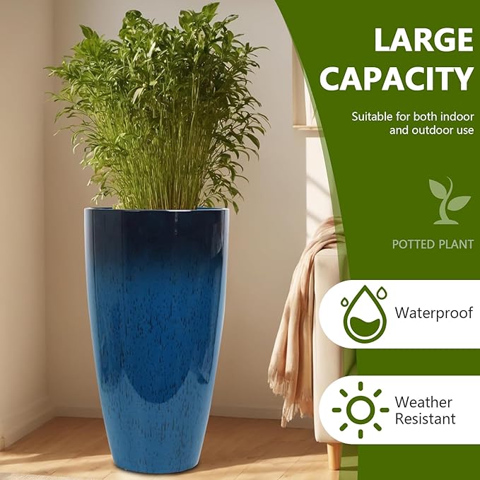 Set of 2 Large 21" Tall Planters for Indoor Outdoor, Heavy-Duty Resin with Drainage Holes & Unique Textured Design, Perfect for Porch, Patio, Backyard Home Decor, Blue