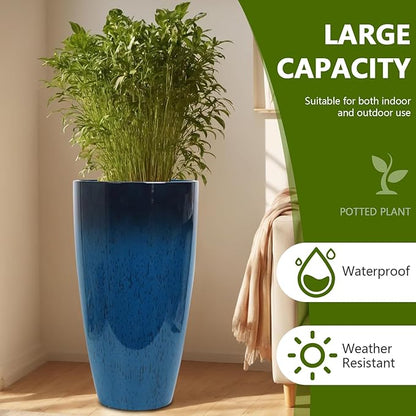 Set of 2 Large 21" Tall Planters for Indoor Outdoor, Heavy-Duty Resin with Drainage Holes & Unique Textured Design, Perfect for Porch, Patio, Backyard Home Decor, Blue