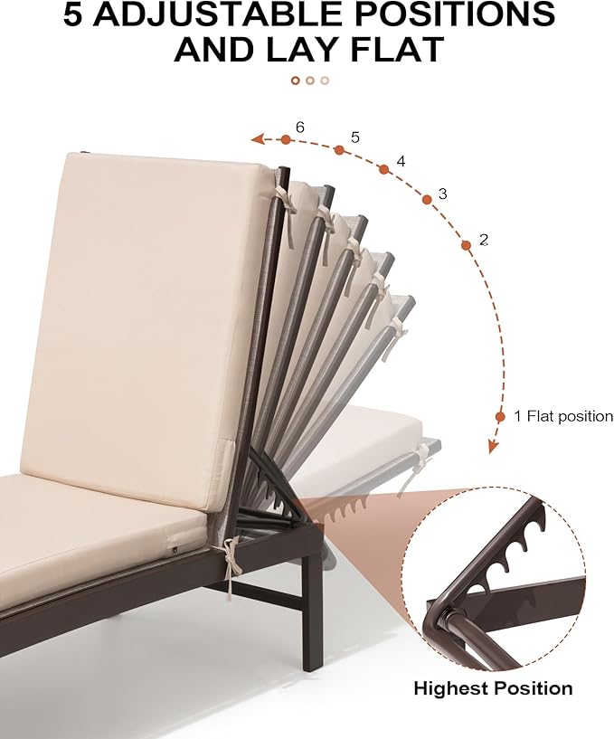 Crestlive Products Chaise Lounge Chair with Cushion,Outdoor 5 Position Recliner, All Weather Furniture for Patio, Beach, Yard, Pool (1PCS Beige)