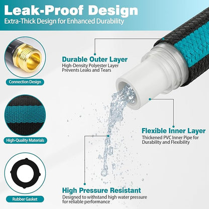 25FT Garden Hose, Kink-Free Non-Expandable Flexible Water Hose with 10-Pattern Spray Nozzle, Lightweight Leakproof Flat Hose with 3/4” Solid Brass Connector for Yard, Lawn & Outdoor Use