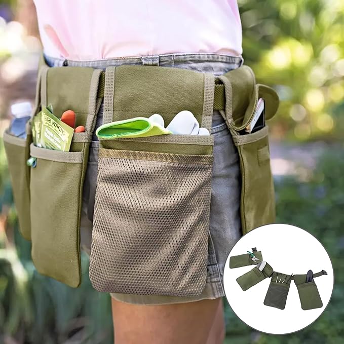 Gardening Tool Belt Bag - Canvas Waist Tool Apron Organizer Hanging Pouch with 4 Pockets for Gardeners Picking Fruit Weeding, Fits Women & Men, Waterproof, 1 Pcs